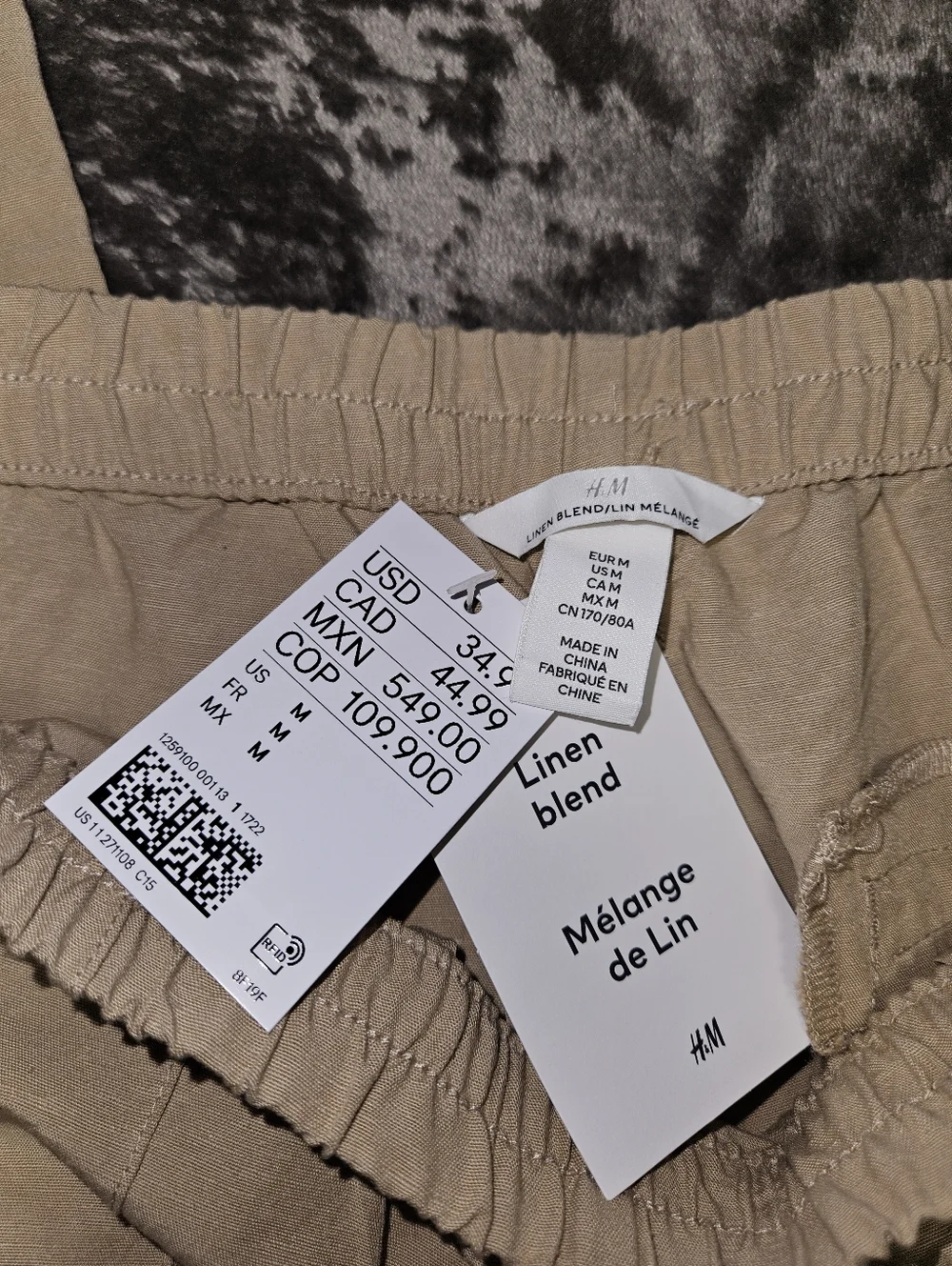 NWT H&M Womens Pull On Elastic-Waist Light Tan Wide Leg Linen Blend Pants SZ Med